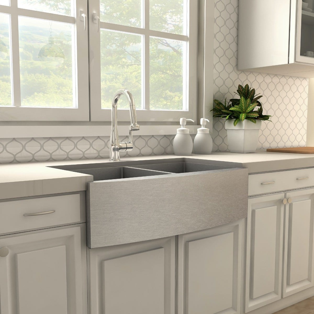 ZLINE Dali Kitchen Faucet showcased in a modern kitchen with a farmhouse sink and stylish decor.