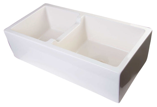 ALFI 36" Biscuit Smooth Apron Thick Wall Fireclay Double Bowl Farm Sink AB3618DB-B with dual basin design.